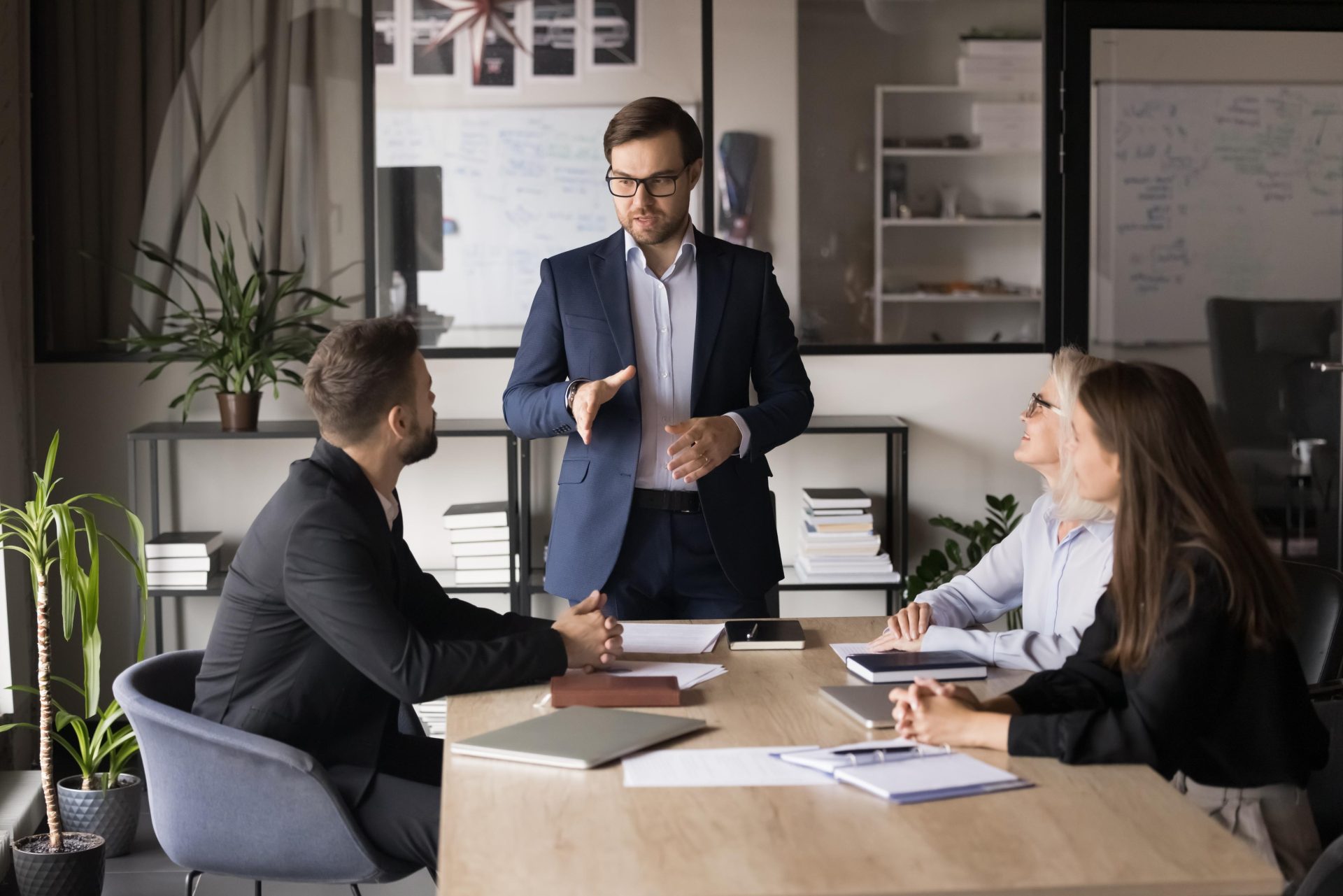 Professional person giving lecture to other professionals